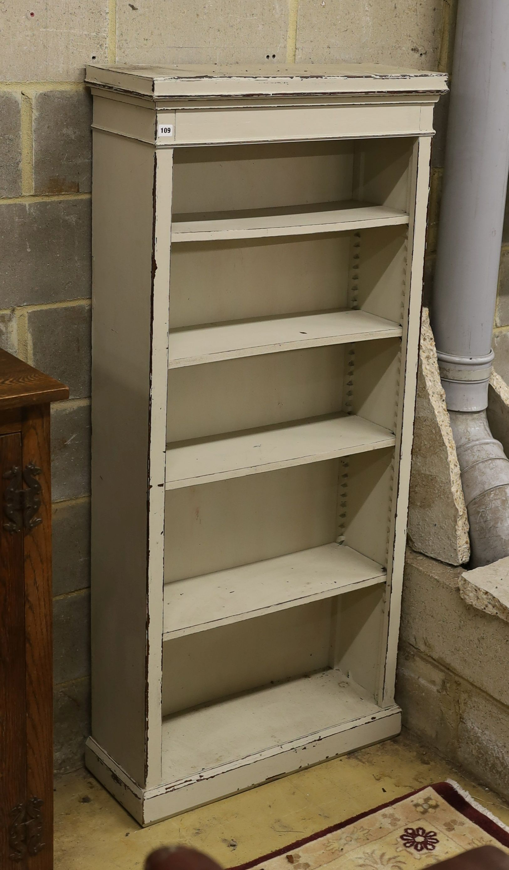 A late 19th century Continental painted open bookcase, length 75cm, depth 27cm, height 164cm